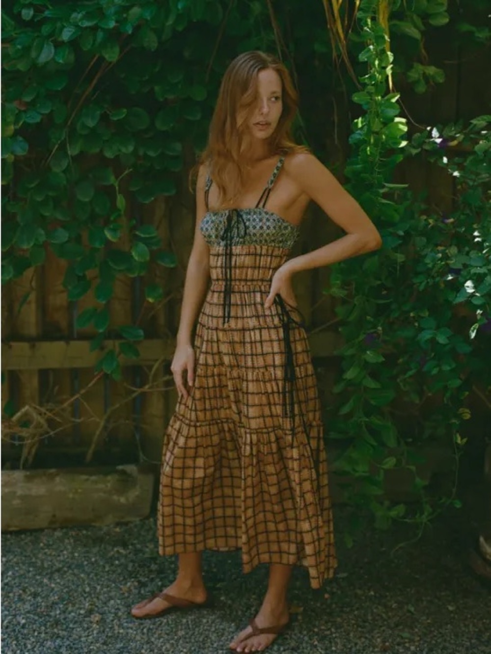 Ciao Lucia Brown Plaid Smocked Midi Dress with Printed Bodice